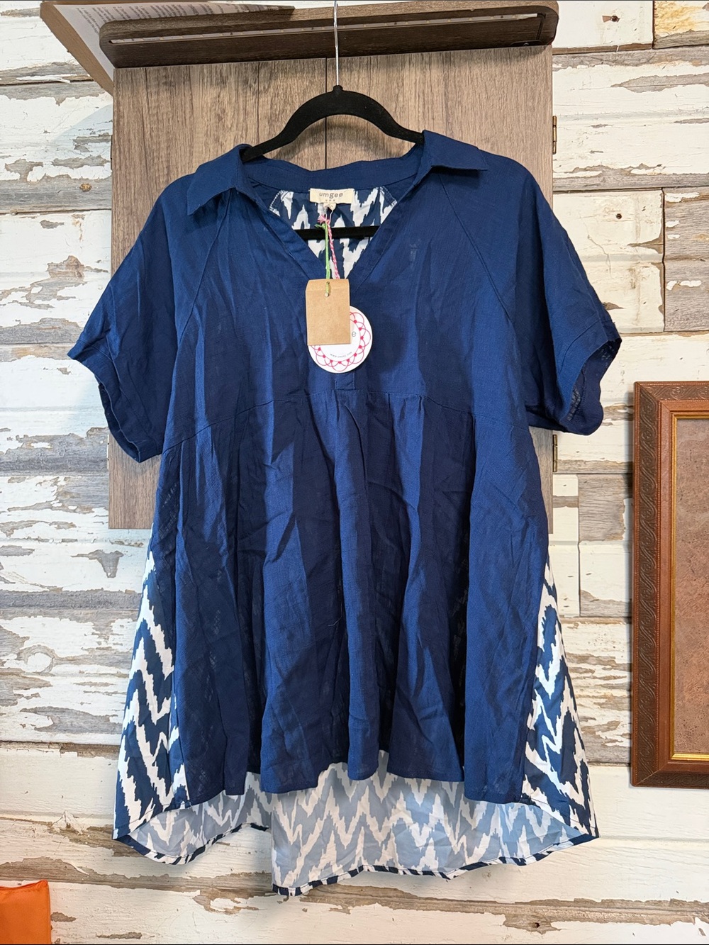 Umgee Navy Blue Short Sleeve V-Neck Tunic with Patterned Side Panels